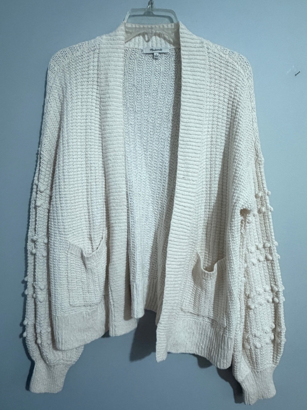Madewell Cream Open-Front Pom-Pom Sleeve Cardigan